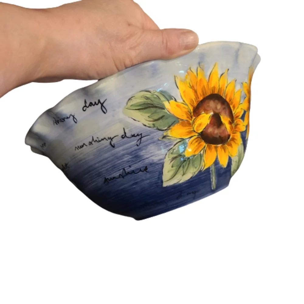 *NEW Blue Sunflower Serving Bowl with writing. 